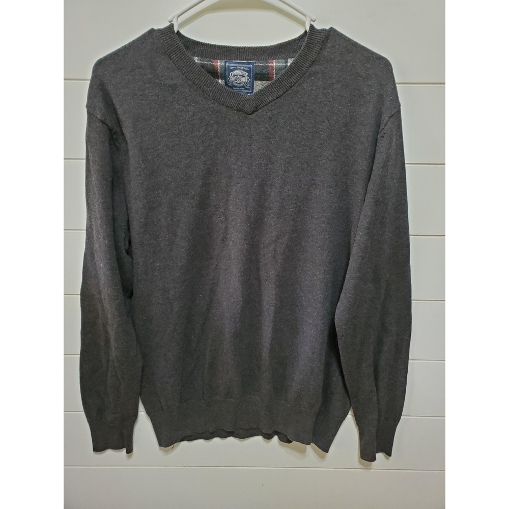 Cambridge Dry Goods mens size M long sleeve dark gray V-neck sweater 100 cotton